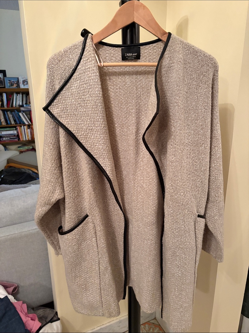 Zara Cream Bouclé Open-Front Cardigan with Black Leather Trim
